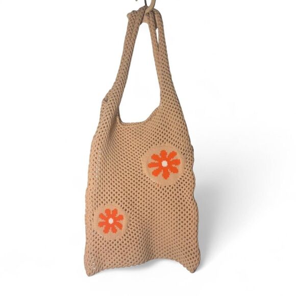 Crochet Mesh Tote Bag Beige Tan Orange - Picture 1 of 4